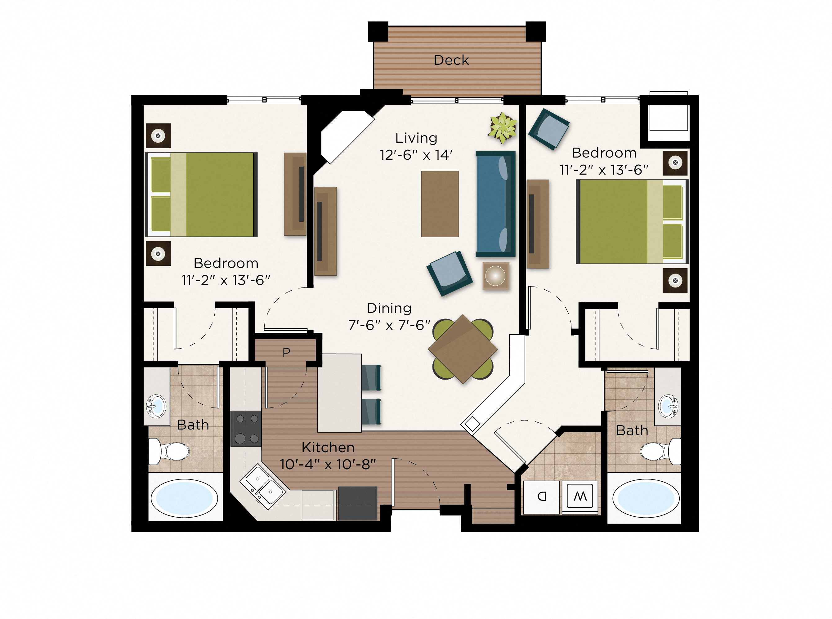 Floor plan for 2 beds, 2 baths, 1123 sqft